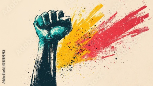 A raised fist symbolizing resistance and power, with dynamic red and yellow paint splashes in the background conveying energy and defiance.