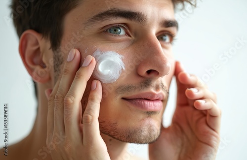 Attractive young man applying moisturizing anti-aging cream on face. Handsome male taking care of skin. Skincare, grooming, beauty treatment. Man facial care and metrosexual concept.