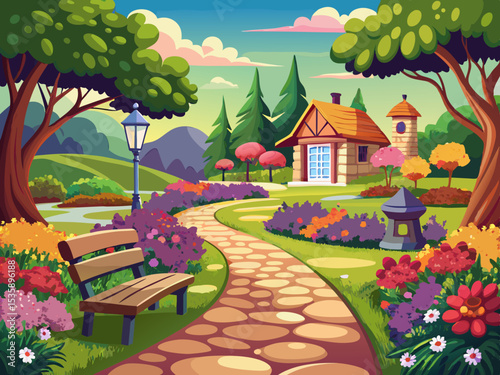 The beautiful park is paved with benches and stones, vector of and at the end of the park there is a cottage that makes the park look very beautiful with colorful flowers.