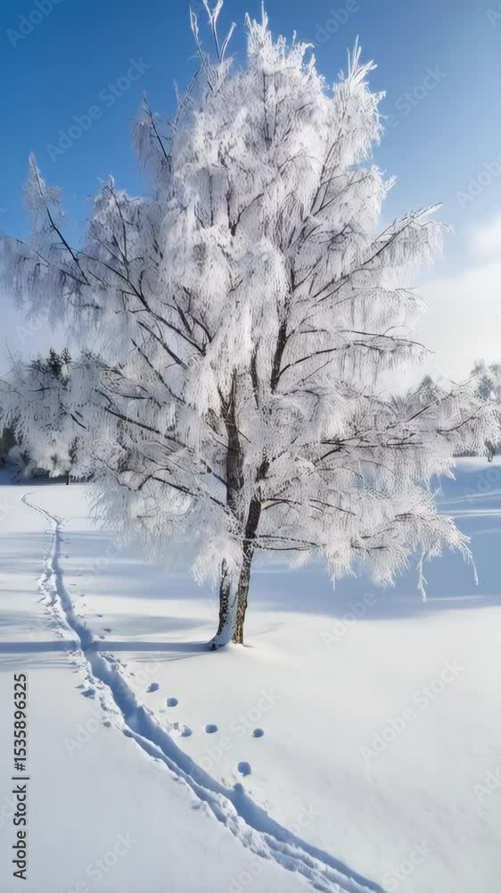 Snowy landscape featuring a birch tree covered with frost under a bright blue sky and animal footprints on snow ground. Snowy landscape featuring a birch tree covered with frost under a bright blue sky and animal footprints on snow ground.