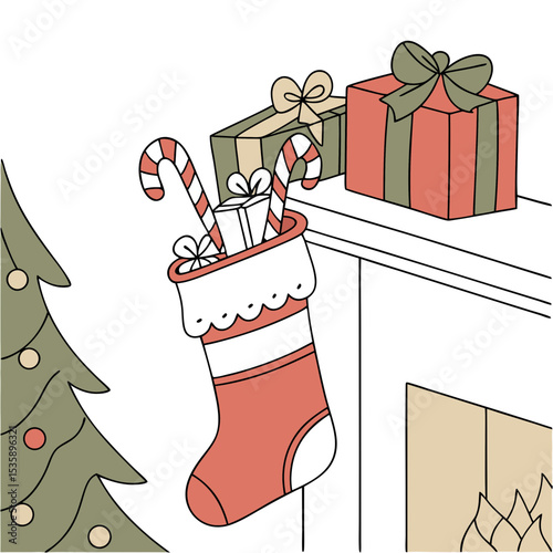 Christmas Stocking with Gifts and Tree near Fireplace