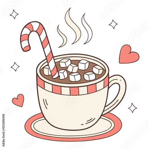 Cozy Hot Chocolate Drink with Marshmallows and Candy Cane