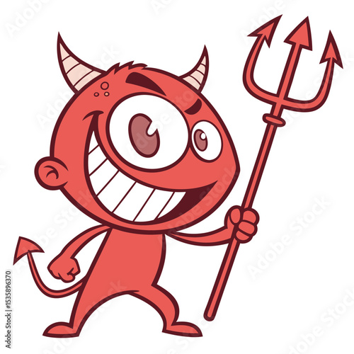 An Impish Cartoon Devil Smiling and Wielding a Trident