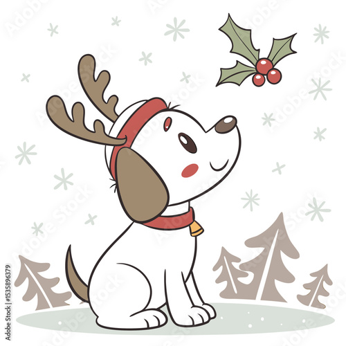 Cute Puppy with Antlers and Christmas Spirit Illustration