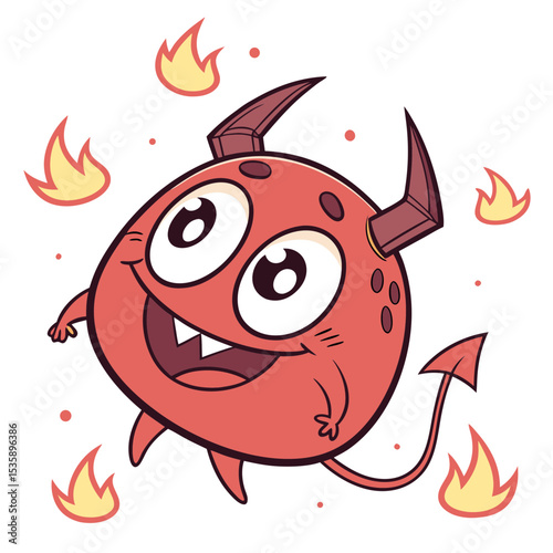 Cartoon Red Monster with Horns and Fires Illustration