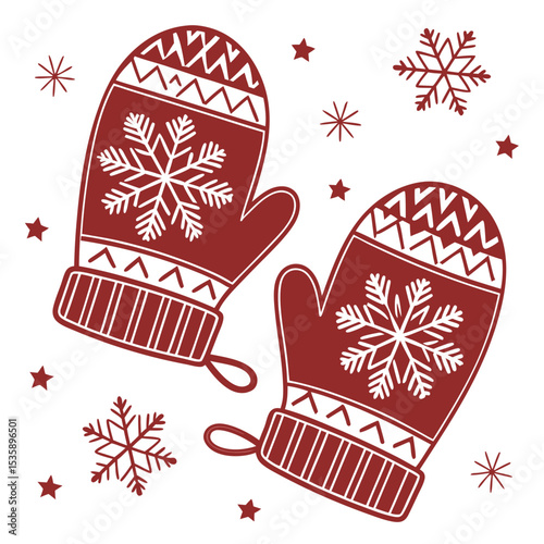 Warm Winter Mittens and Snowflakes Vector Illustration