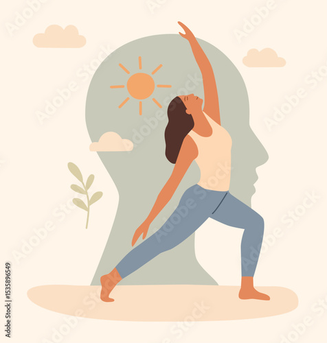 Flat vector illustration of a woman practicing yoga with a head silhouette in the background, symbolizing mental health, balance, mindfulness, and inner peace. Perfect for wellness and therapy themes