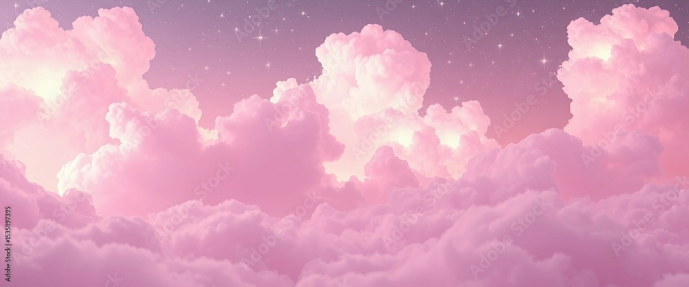 Fototapeta premium Traumhafte rosa Wolkenlandschaft im Himmel, weich und fluffig wie Zuckerwatte – ideal für romantische, fantasievolle oder kindliche Designs.