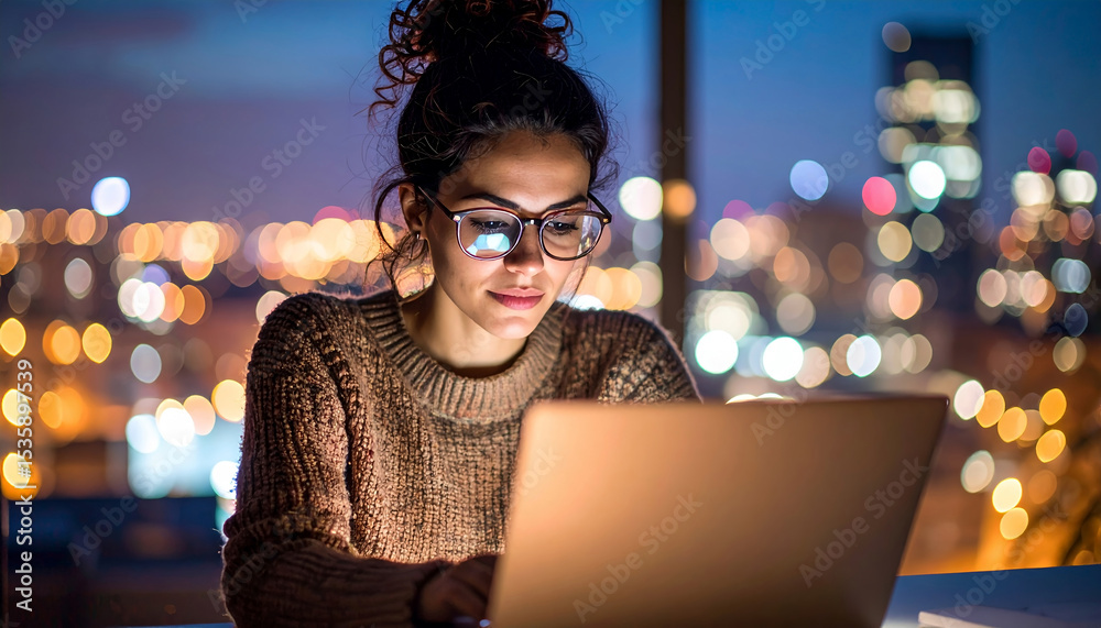 custom made wallpaper toronto digitalFocused young woman working on laptop at night by city window with glasses reflecting screen and colorful bokeh lights