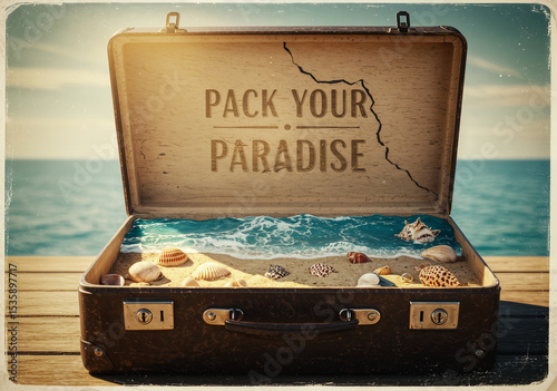 Packed Suitcase Featuring a Miniature Beach Theme With Waves and Seashells