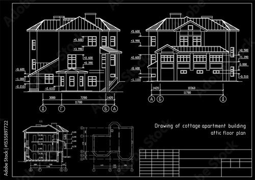 Vector architectural engineering construction
private residential building drawing,
attic floor plan, dimensional lines. Industrial design
on sheet of paper. Blueprint of multistory
suburban cottage.