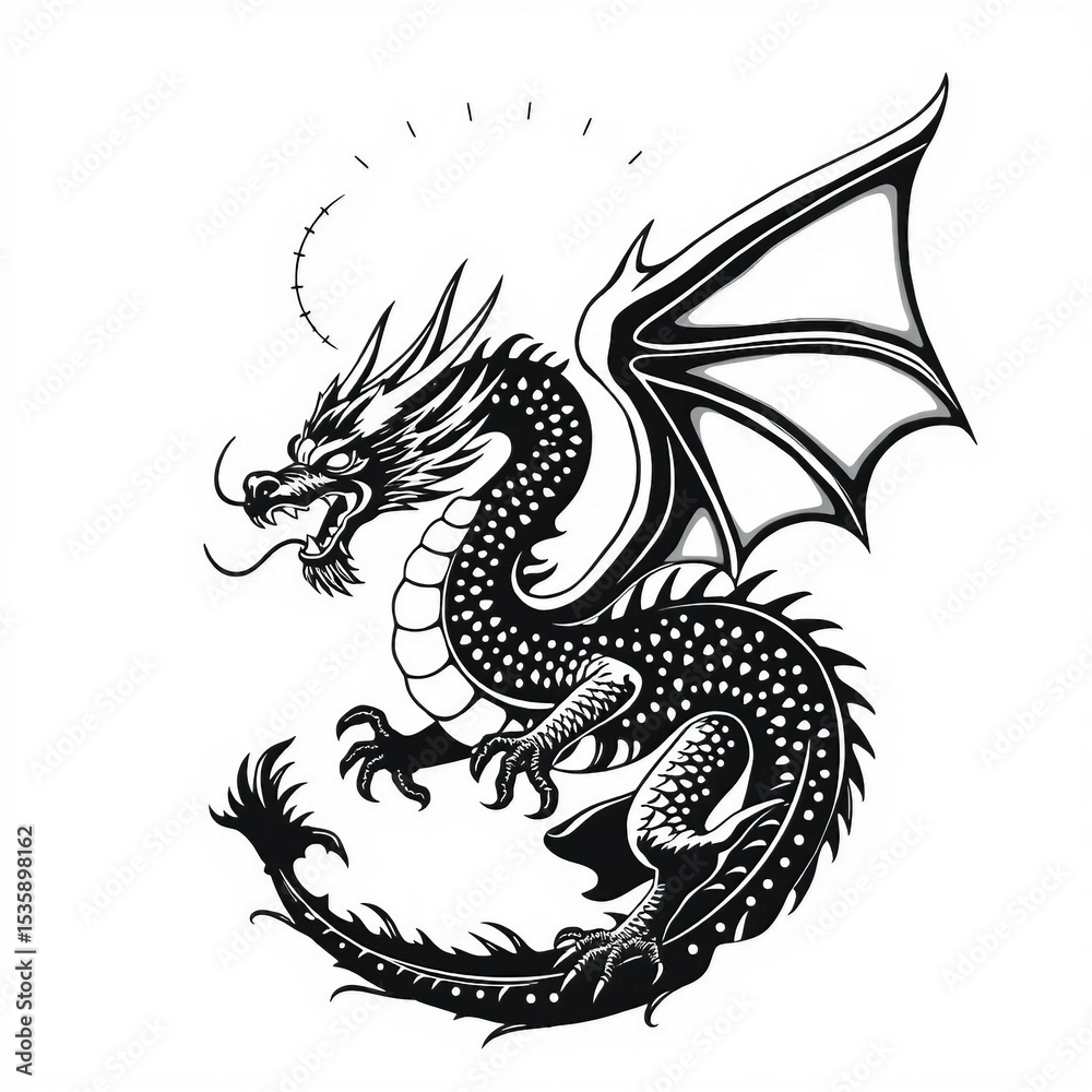 Fototapeta premium Klassische Schwarz-Weiß-Zeichnung eines asiatischen Drachen mit Flügeln und geschwungenem Körper – ideal für Fantasy, Tattoo oder Print.