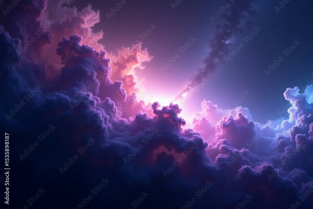 Fototapeta premium Vibrant cosmic nebula with swirling colors of purple and blue against a dark starry background, showcasing the beauty of the universe and space exploration concept