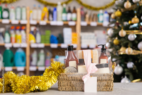 Behang View of present on counter in household goods department of big supermarket deco