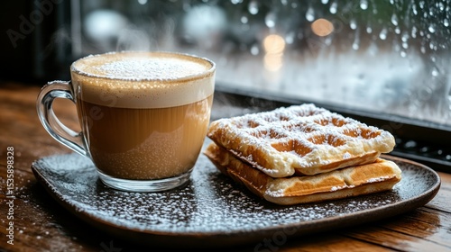 Warm coffee and waffles on a rainy day