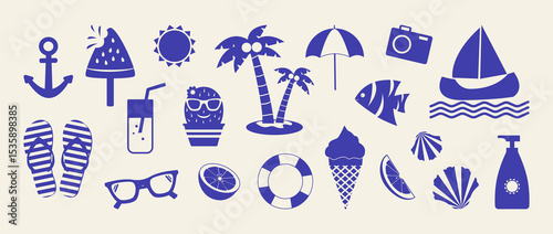 Summer beach icon, mediterranean vacation, sea doodle, tropical element, greece amalfi blue set. Cartoon ice cream, palm, flip flop, cactus sticker on color background. Summertime vector illustration