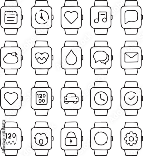 Smartwatch Vector Icon Set – Adjustable Line Weight Icons for Time, Apps, Notifications, GPS, Health & Fitness