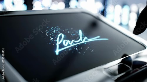 Futuristic Digital Signature on Touchscreen Tablet with Finger Interaction                                     