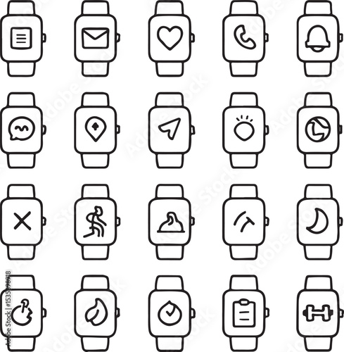 Smartwatch Vector Icon Set – Adjustable Line Weight Icons for Time, Apps, Notifications, GPS, Health & Fitness