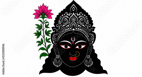 Hindu goddess Durga Maa black silhouette illustration in canvas white background
