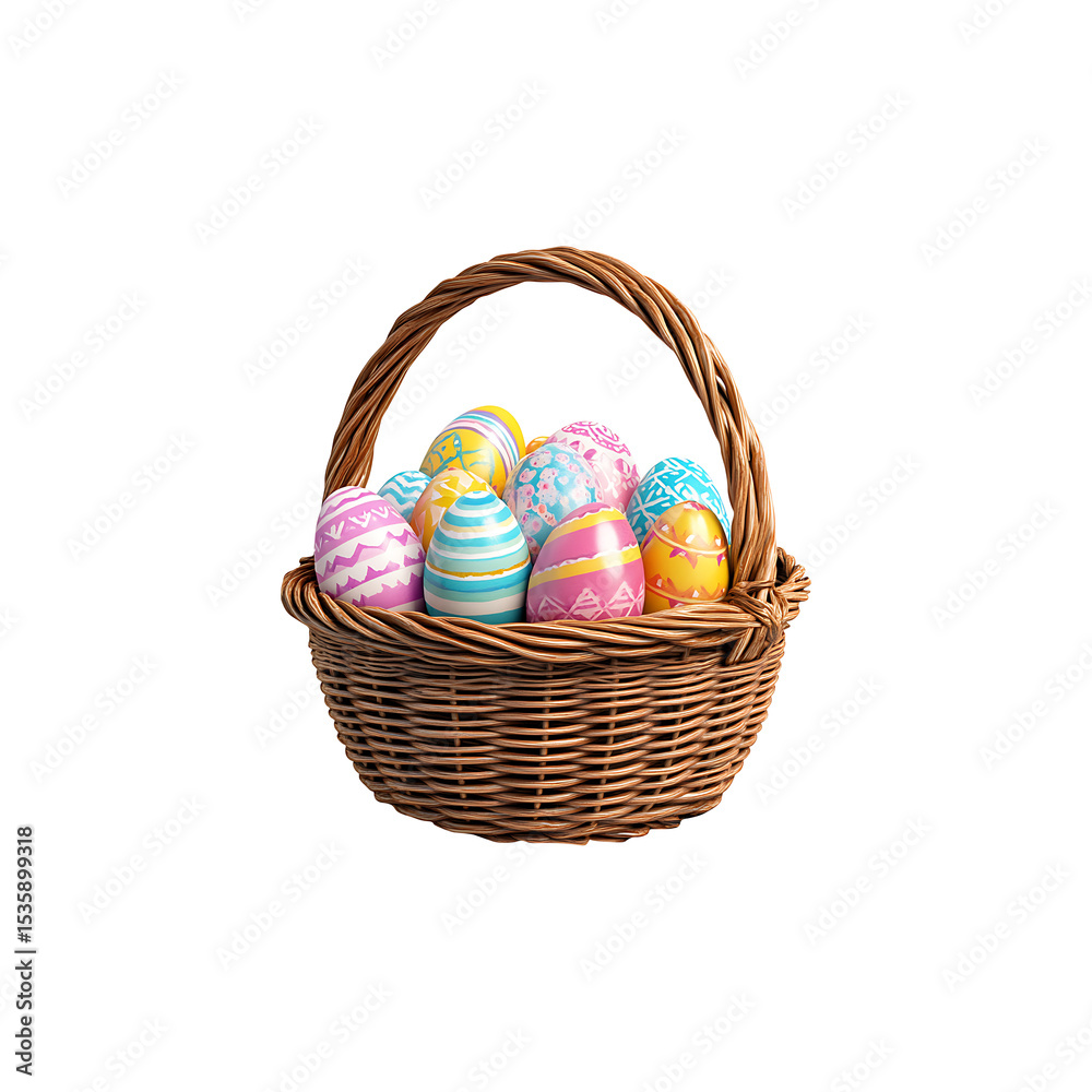 Naklejka premium Vibrant Easter Eggs in Rustic Wicker Basket, Isolated on Transparent Background, png