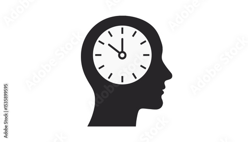 Head silhouette with a clock symbolizing decision-making and time management on a white background