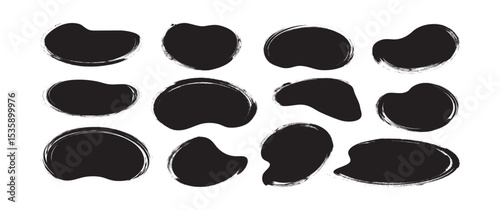 Brush paint shape, round grunge stain hand drawn, doodle sketch blob charcoal texture, black crayon organic form, rough ink spot, chalk scribble text box icon isolated on white bg. Vector illustration