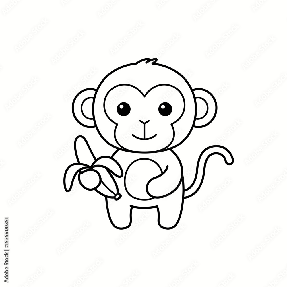 Obraz premium Cute cartoon monkey holding a banana in black and white style 