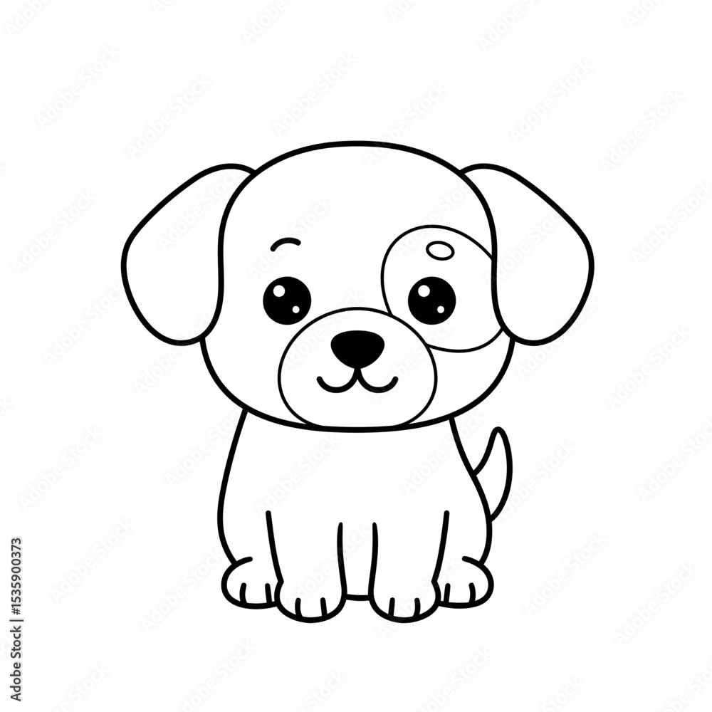 Fototapeta premium Cute cartoon puppy sitting with a happy expression on white background 