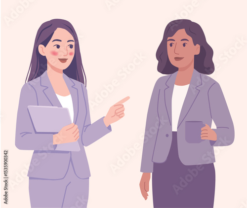 Two professional women in conversation in a modern office setting. Flat vector illustration with soft pastel tones, showcasing leadership, collaboration, and female presence in business.