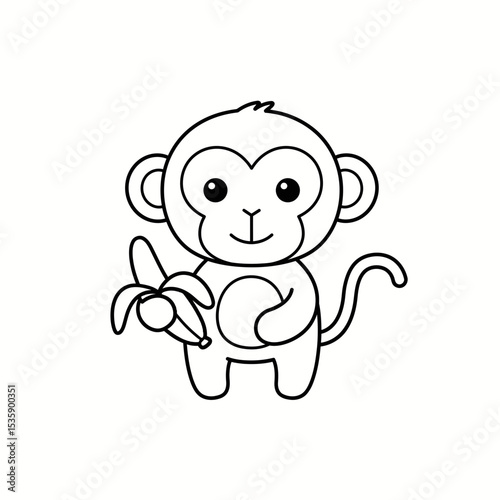 Cute cartoon monkey holding a banana in black and white style  