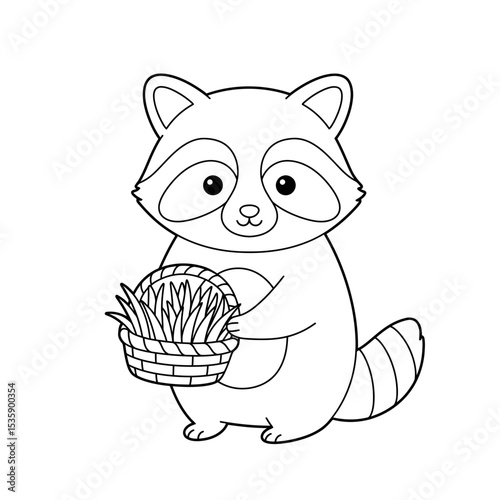 Cute raccoon holding a basket of grass in a simple line drawing  
