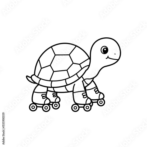 Cartoon turtle riding on roller skates with a cheerful expression  