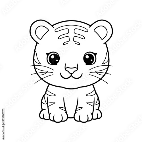 Cute cartoon tiger illustration with big eyes sitting calmly  