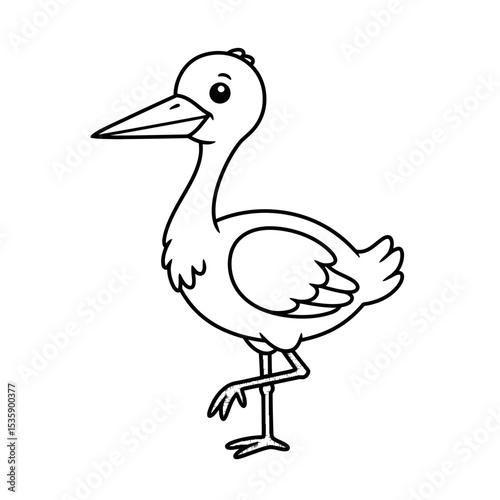 Cartoon stork standing on one leg with a smiling expression  