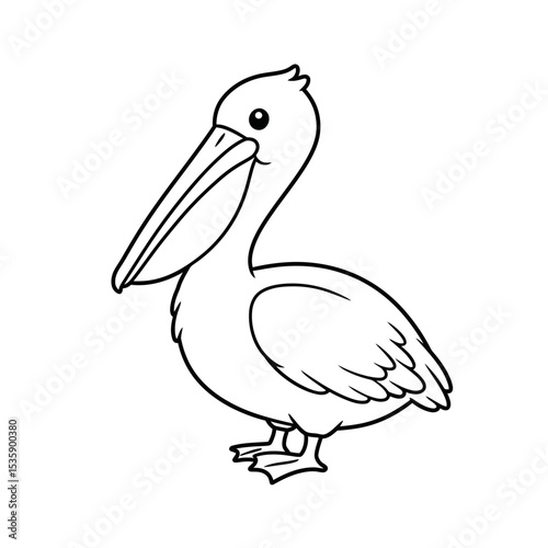 Cartoon pelican standing with a large beak in a simple outline style  