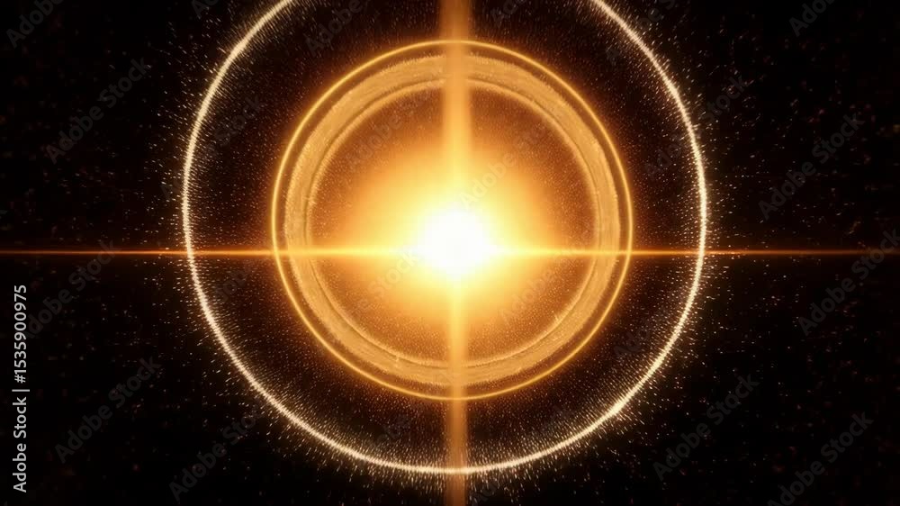 Abstract gold circle glow with sparkling particles and a bright center point against a dark background