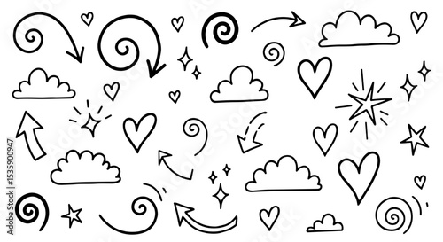 Set d’éléments graphiques – flèches, cœurs, étoiles, nuages, spirales en style doodle, vectoriel AI, généré pour un design stylé sur fond transparent

