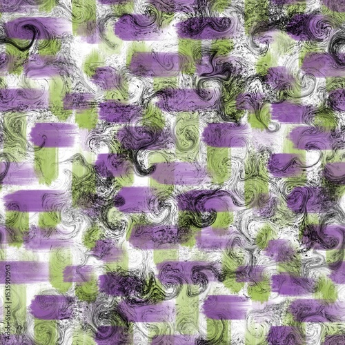 Seamless abstract pattern. Simple background with green, purple, grey, black, white texture. Digital brush strokes background. Design for textile fabrics, wrapping paper, background, wallpaper, cover.