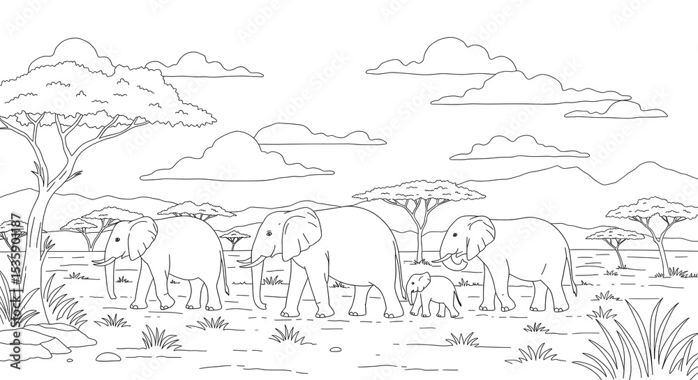 Naklejka premium African Elephant Family Coloring Page Savannah Landscape Illustration