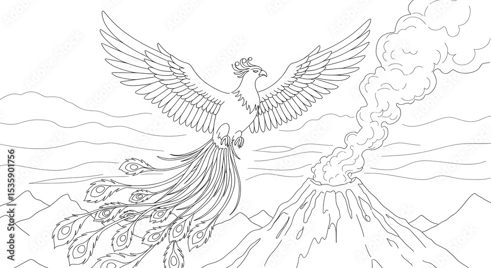 Majestic Phoenix Rising from Volcanic Peaks Line Art Illustration Majestic Phoenix Rising from Volcanic Peaks Line Art Illustration
