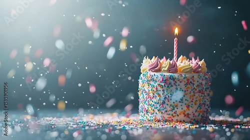 Birthday Cake : Birthday cake with a candle surrounded by colorful confetti. AI-generated.