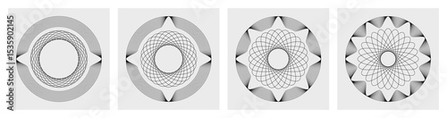 Collection of abstract fractal circles background, black and white sphere lines wireframe pattern, editable stroke, set of vector circle geometric shapes, concept of science, quantum technology, AI