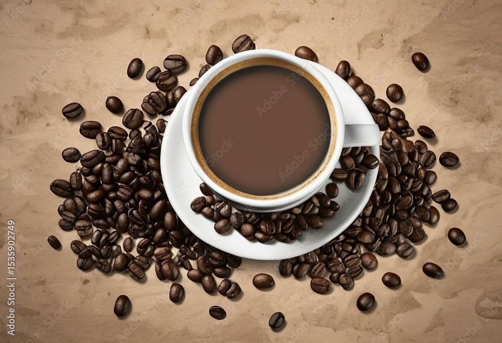 Obraz premium White cup with coffee on white saucer, top view, coffee beans around, contrast background, mocha mousse design, fashion trend
