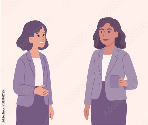 Two professional women in conversation in a modern office setting. Flat vector illustration with soft pastel tones, showcasing leadership, collaboration, and female presence in business.