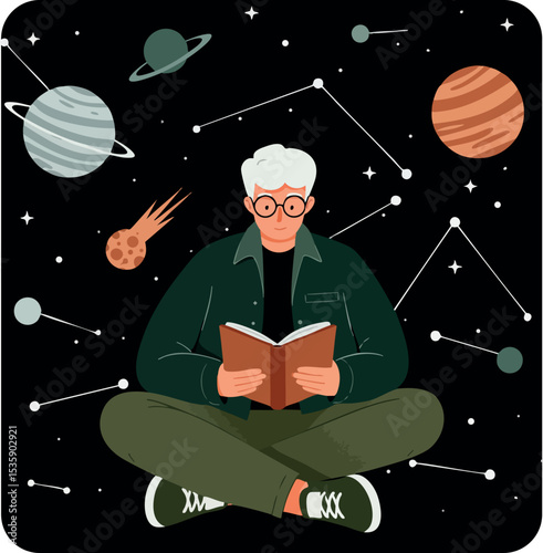 Elderly man reading book about planets and constellations in space vector illustration 