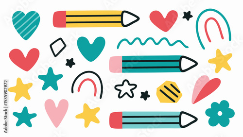 Hand drawn pencil heart star rainbow flower doodle vector design element illustration art drawing graphic 100