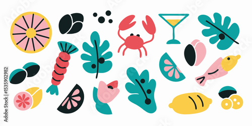 Tropical seafood illustration with crab shrimp fish lemon leaves and cocktail summer beach party vibe art