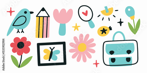 Cute doodle style vector illustration with bird flower butterfly pencil and school bag for kids and children