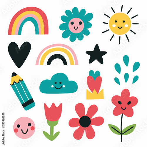 Cute rainbow flower sun heart cloud star pencil tulip spring sticker set vector illustration design element art